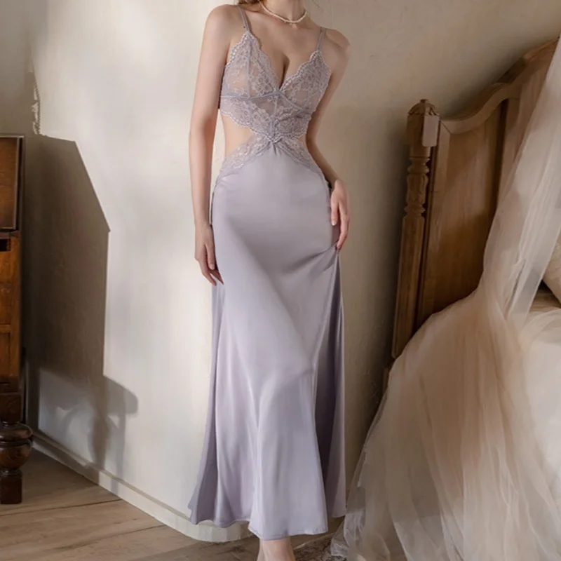 Conjunto de camisón largo de satén francés con encaje y abertura en la cintura, elegante bata de dormir para mujer, ideal para luna de miel, uso diario y en casa.