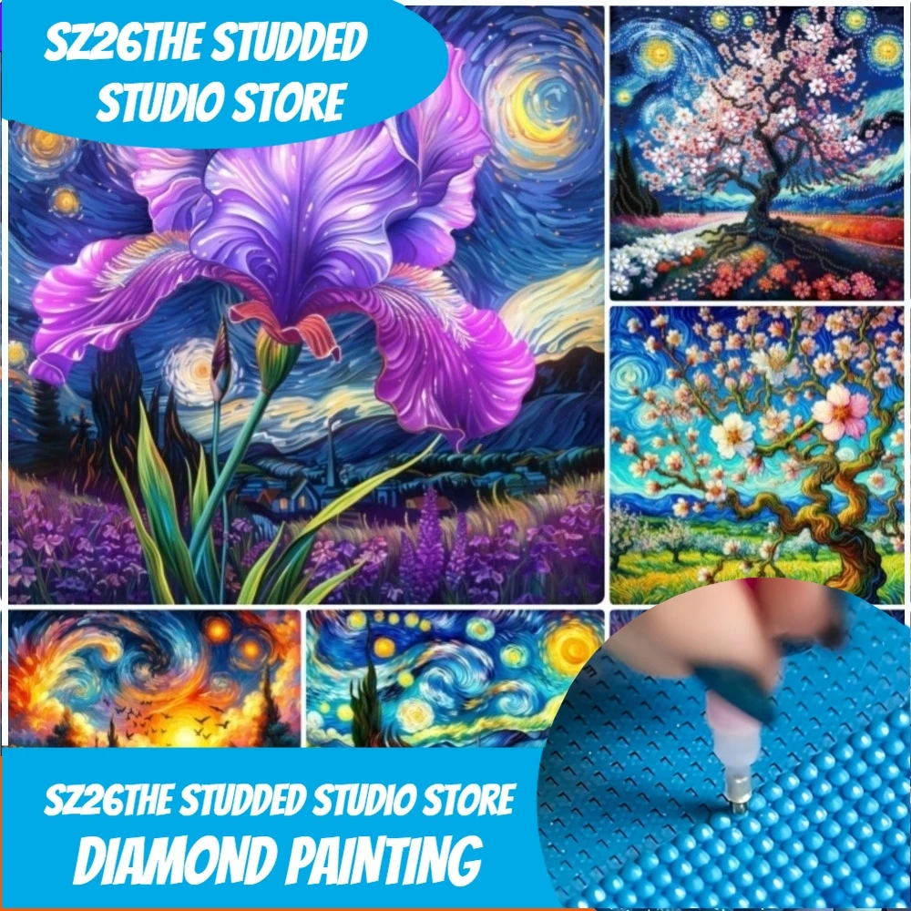 

Sz26Новый комплект алмазных картин с шипами, звездная ночь Ван Гога с цветами, 5d рисунок с бриллиантами, стразы, подарок для рукоделия