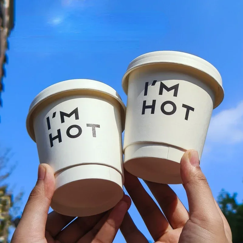 10oz Disposable Paper Cups with Lids IM HOT Double Thickened Cups Bubble Tea Coffee Milk Paper Cups Table Decor Customizable