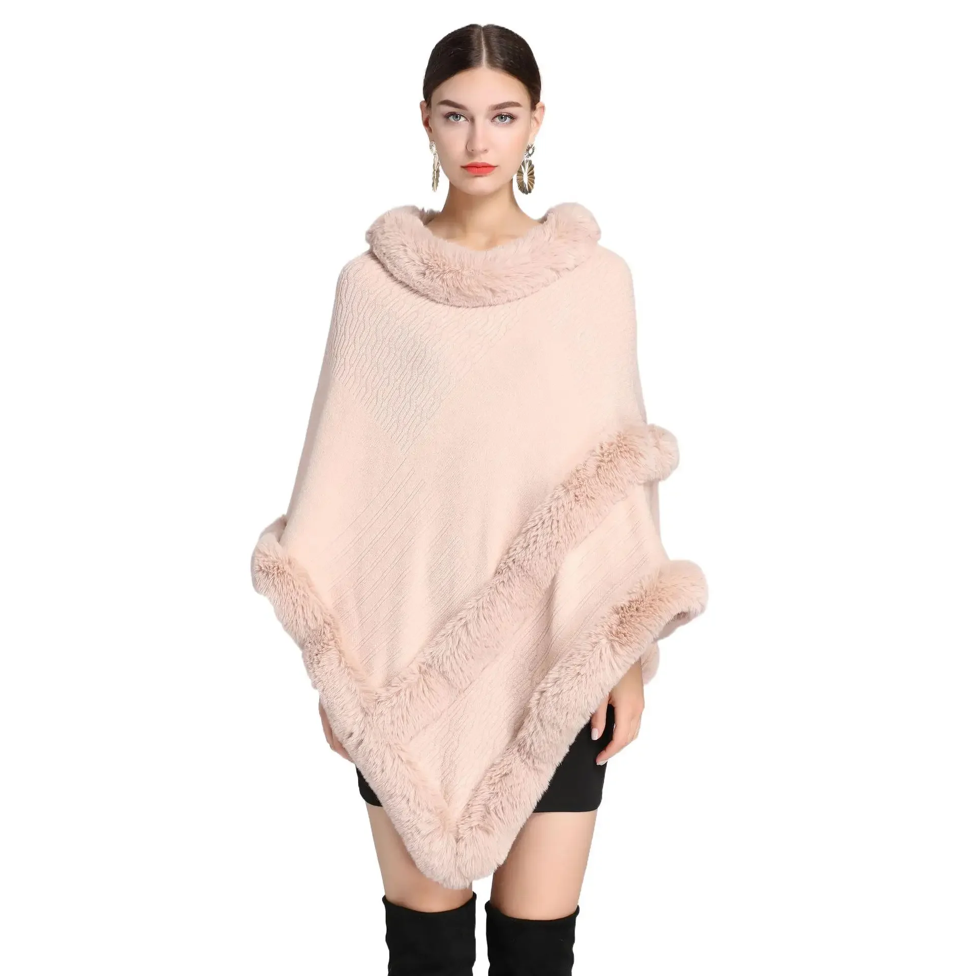 Autumn winter new imitation otter rabbit fur collar Capes Pullover Women Knit Poncho Lady Capes Beige Cloak