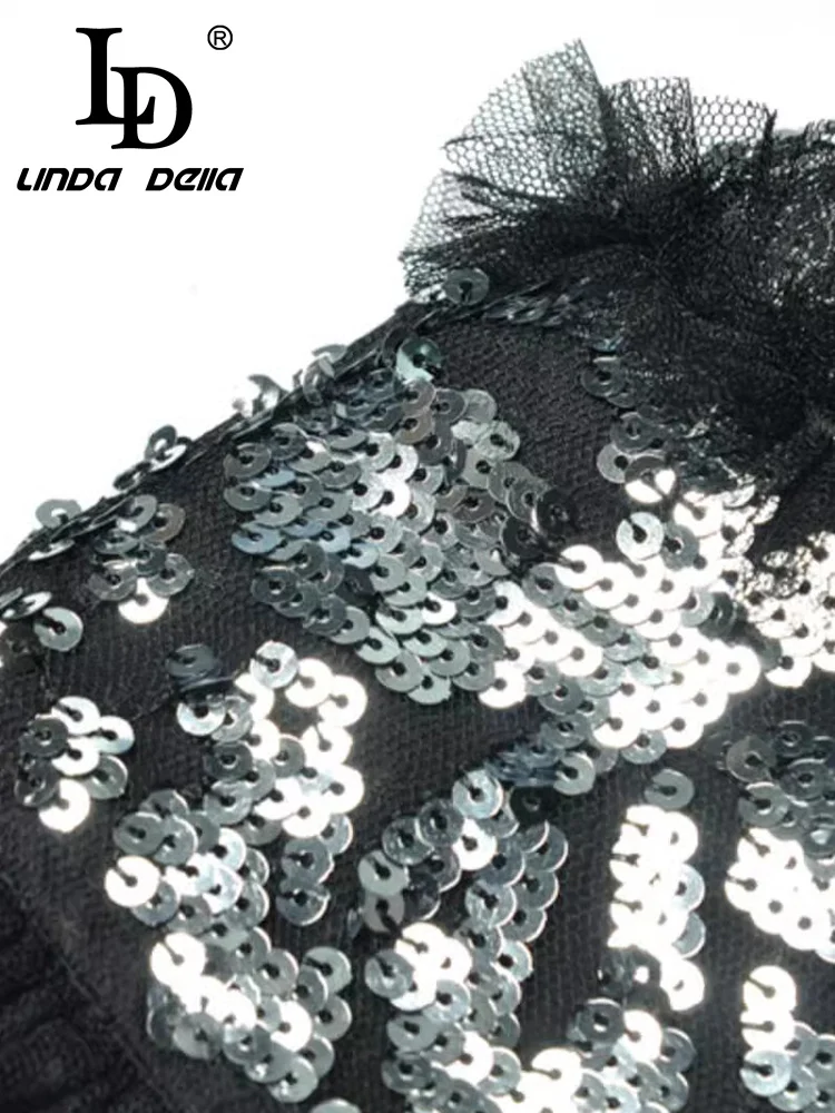 LD LINDA DELLA فساتين راقية صيفية للنساء برقبة على شكل حرف v وأكمام طويلة وخصر عالٍ فساتين ضيقة شبكية ترتر