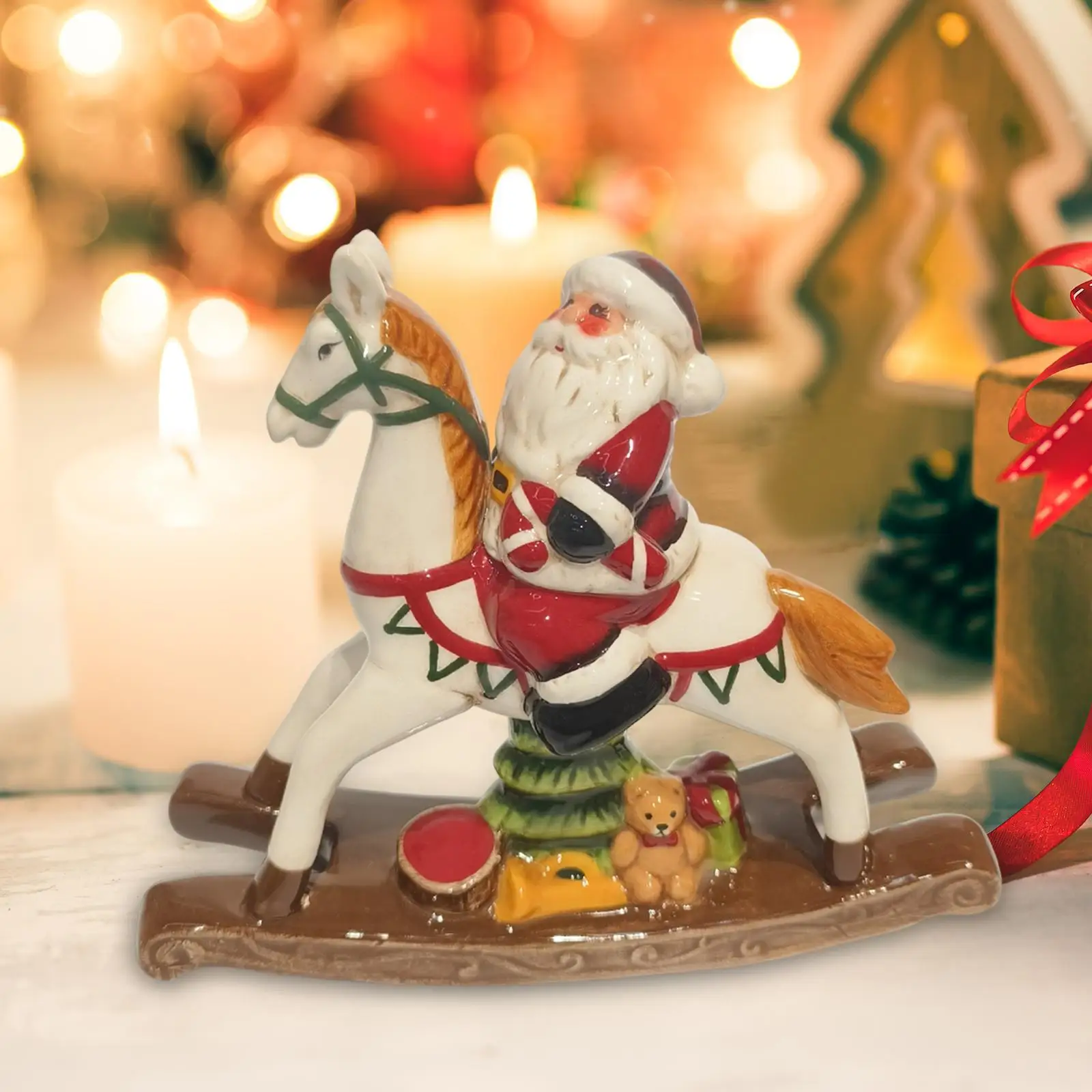 Christmas Decoration Rocking Horse Ornament Crafts Figure Creative Horse Statue Table Decor for Farmhouse Xmas Tree Fireplace
