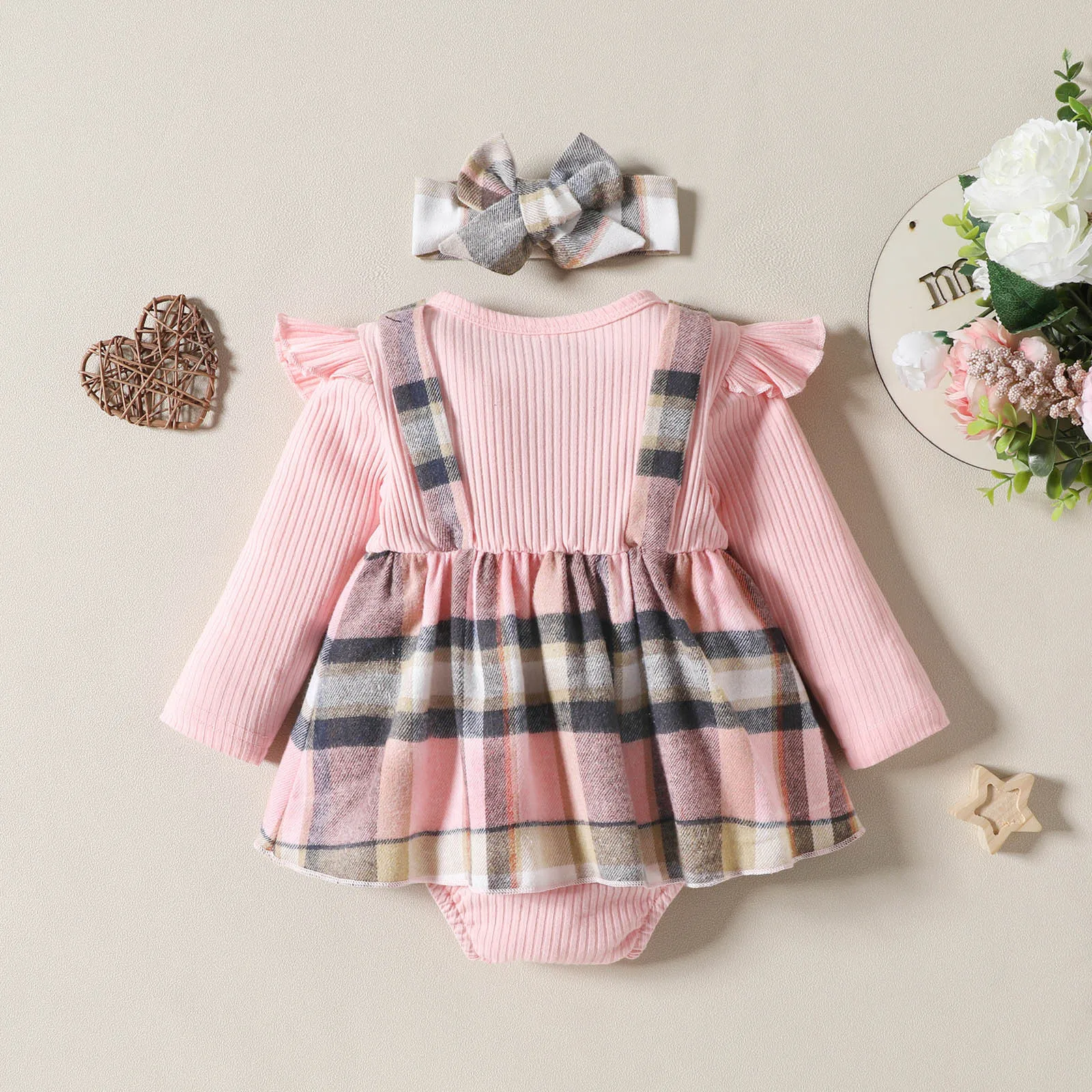 Infant Girls Long Sleeve Ribbed Bowknot Romper Newborn Plaid Bodysuits Dress Headbands Outfits Baby 6 12 Month