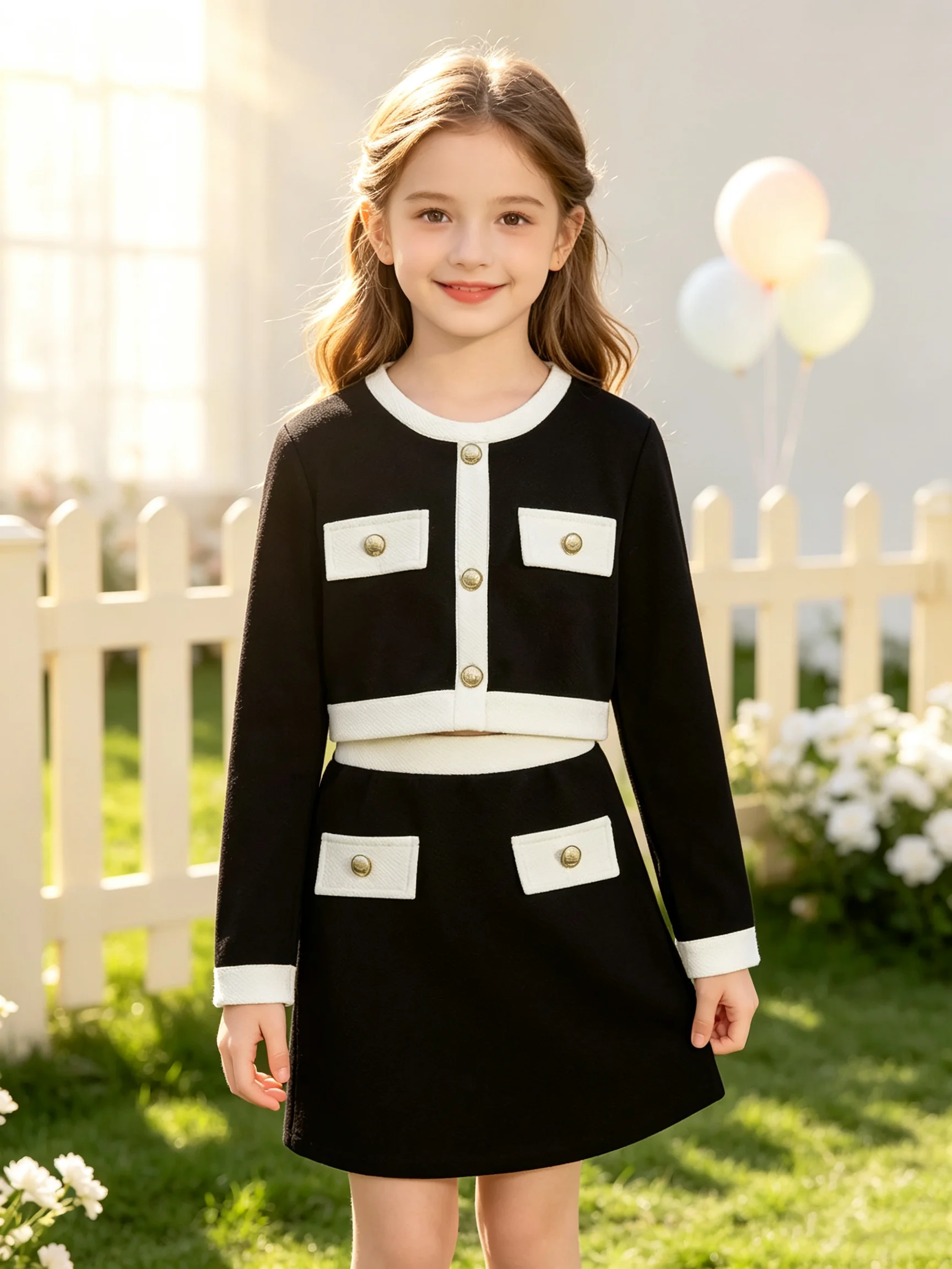 Elegantes zweiteiliges Set aus Strickjacke und Rock mit kontrastierendem Rundhalsausschnitt im trendigen Stil, geeignet für Partys und Freizeitkleidung. – Detail 2