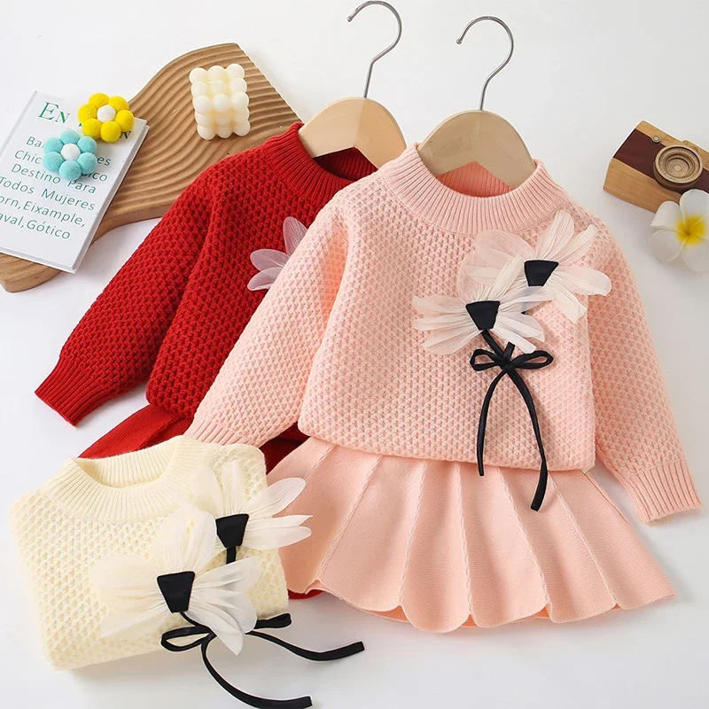 2026 New Spring 2-6Yrs Kids Clothes Set Baby Girl Knitted Clothes Suit Long Sleeved Knitted Pullover Sweater+Short Skirt