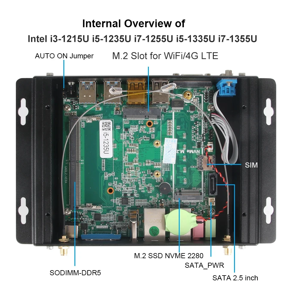 Imagem -06 - Mini pc Fanless Industrial I71355u I5-1335u Ddr5 Lan 2x 2x com Rs232 8x Usb Apoio 4g Lte Sim Wifi Windows Linux