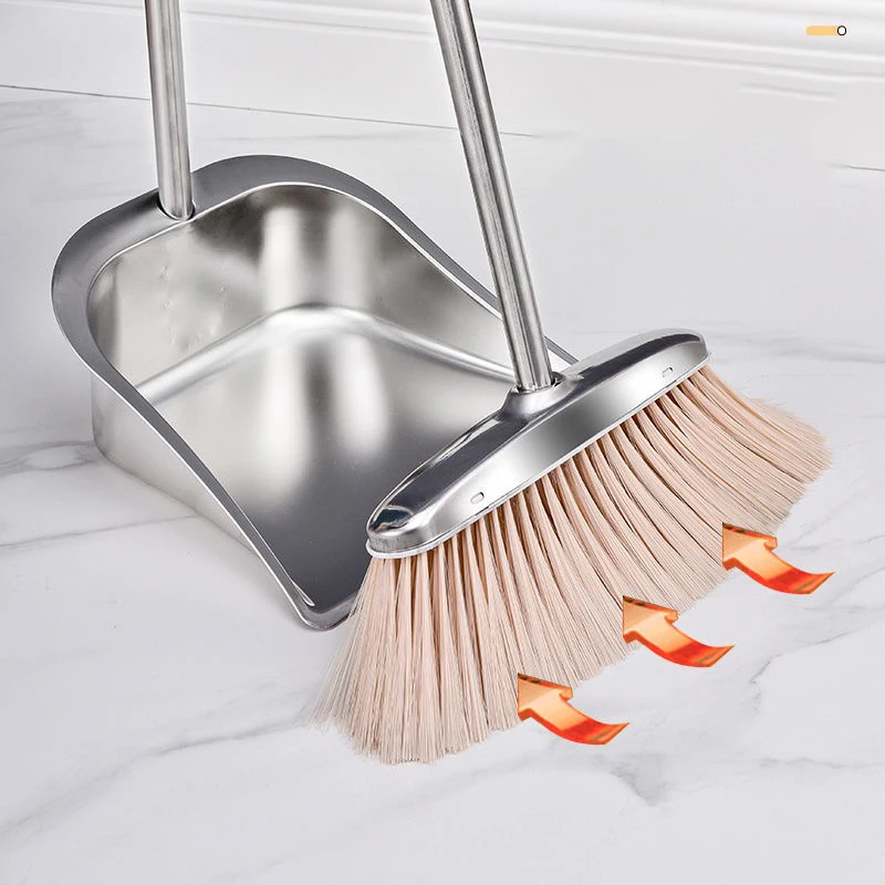 Stainless Steel Broom Dustpan Set Upright Broom Dustpans with Long Handle Heavy Duty Dustpan Broom Combo Set Portable  Sweeper