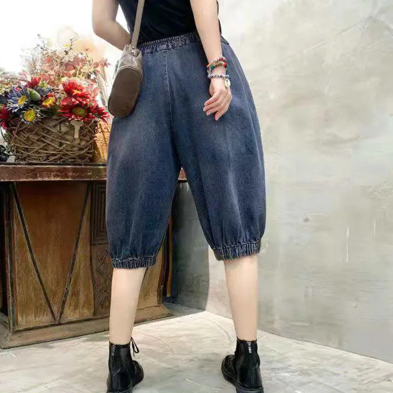Summer Thin Five Quarter Denim Shorts For women Loose Oversized Retro Elastic waist Casual six quarter Mid length Jeans Female