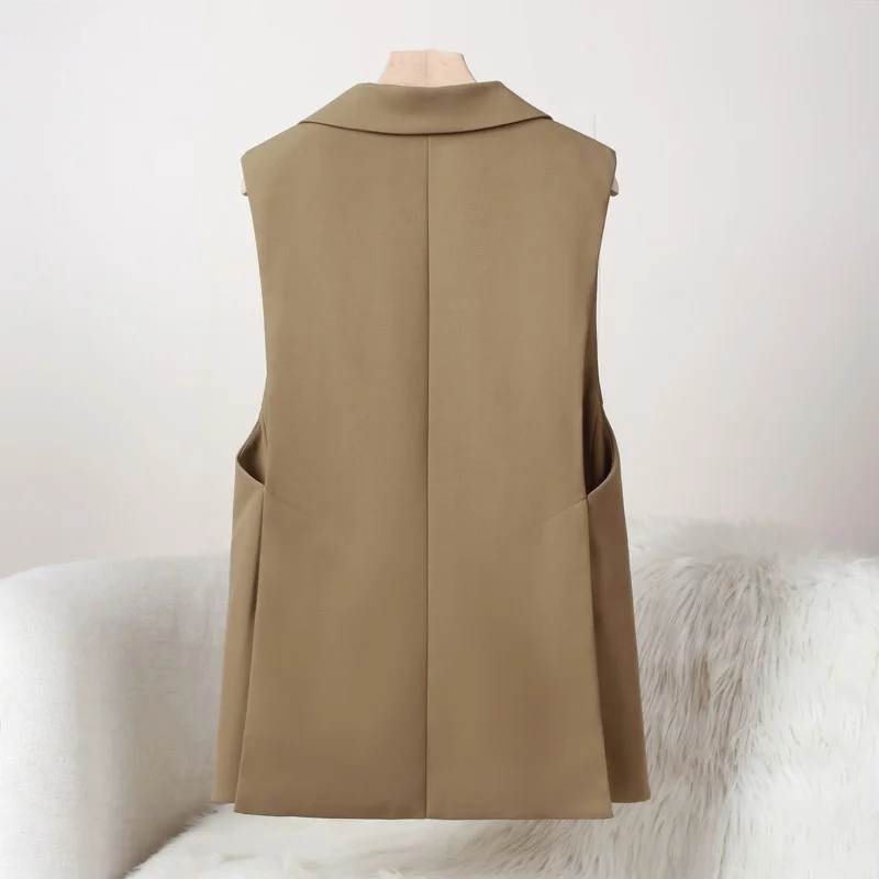 Busin Women's Mid-Length Jaet Vest Spring Autumn Korean Sle Side Slit Outerwear Polyester Fiber One Button Pure Color