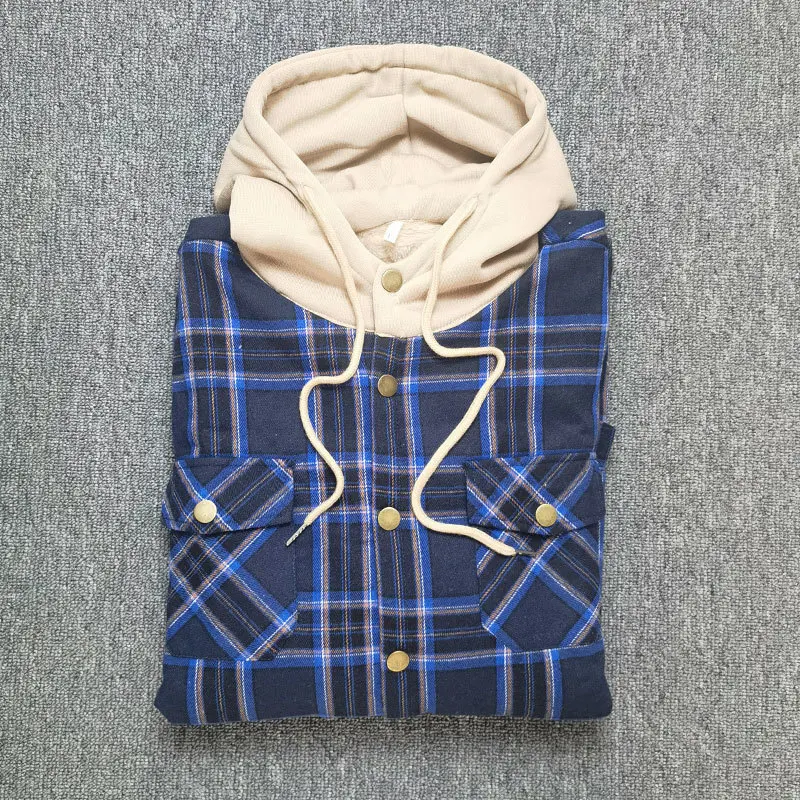 Men Fleece Plaid Shirt Jacket Winter Thermal Lined Flannel Hooded Jacket Soft Warm Outdoor Sports Shirts Male Casual Jackets