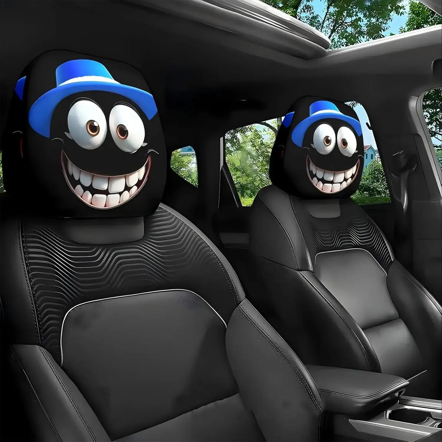 A two-piece set of exaggerated and fun car interior headrest covers for 2025, with funny face expressions and cool decorations