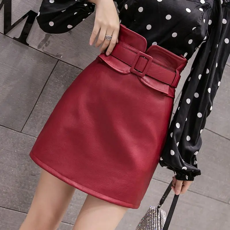 Korean Fashion Autumn Winter new Women Solid Zipper Ruffles Temperamen Office Lady High Waist Short Slim A-line PU Leather Skirt