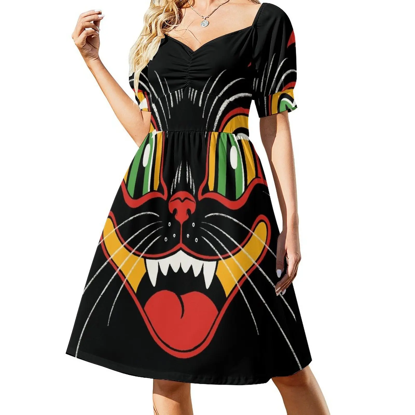 Robe de Soirée Rétro Vintage avec Visage de Chat Noir pour Femme, Tenue de Bal, Décor d'Halloween, d'Été, Valide ens, 2024