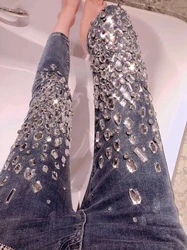 Luxury Fashion Handmade Sewing Diamond Denim Pants Women Blingbling Shiny Sexy Slim Stretch Skinny Jeans Studded Jeans