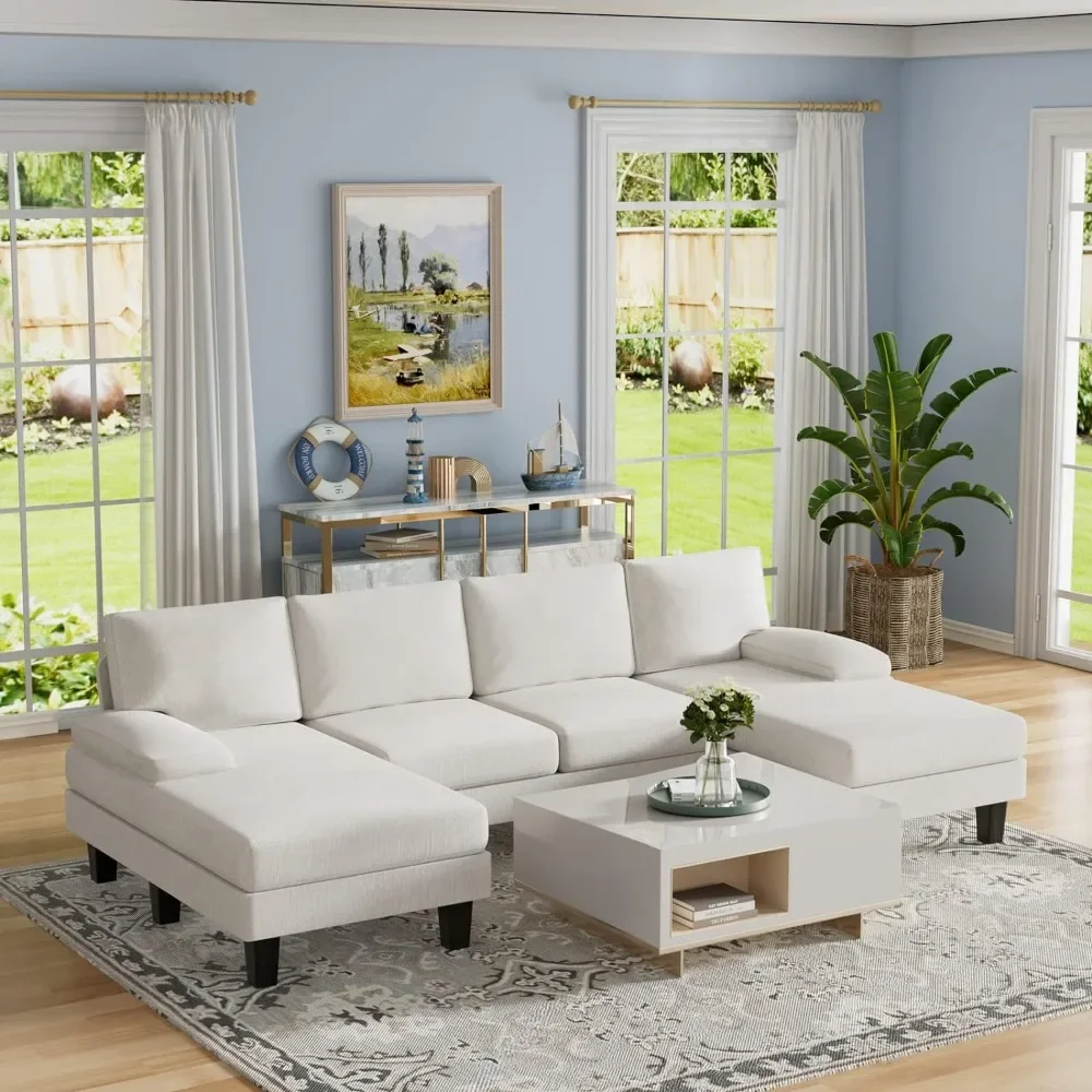 Living room 4-seater sofa set with pillows, Convertible combination sofa,  with double recliner and memory sponge,U-shaped sofa