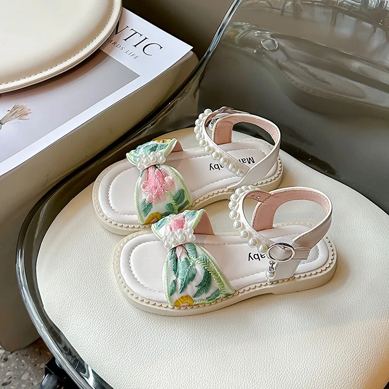 Girl Princess Embroider Sandals Summer Chinese Style Children Causal Flat Sandals Fashion Pearl Sweet Kid Dress Open-toe Sandals