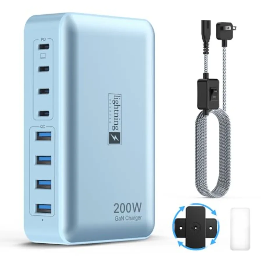 

8-Port Multi Charging Station with 200W Output Flat Braided Power Cord and On/Off Switch 65W USB-C Laptop Charger for iPhone iP