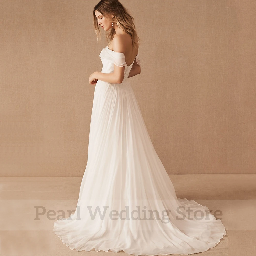 Classic Chiffon Short Sleeve A-Line Wedding Dress Pleat V-Neck Floor Length Sexy Open Back with Sweep Train Bridal Boho Gowns