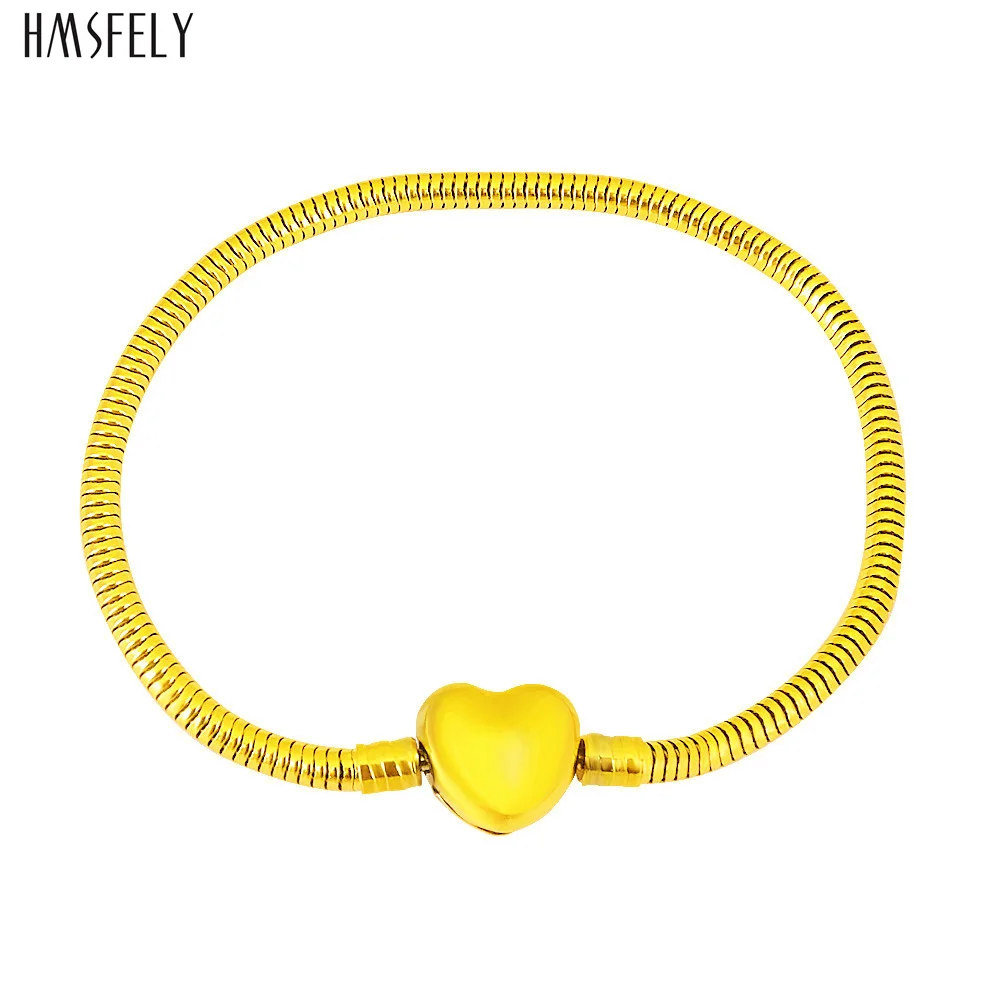 HMSFELY Stainless Steel Clasp Snake Chains Bracelet For Women DIY Charm Bracelets Accessories Heart Buckle Bracelet