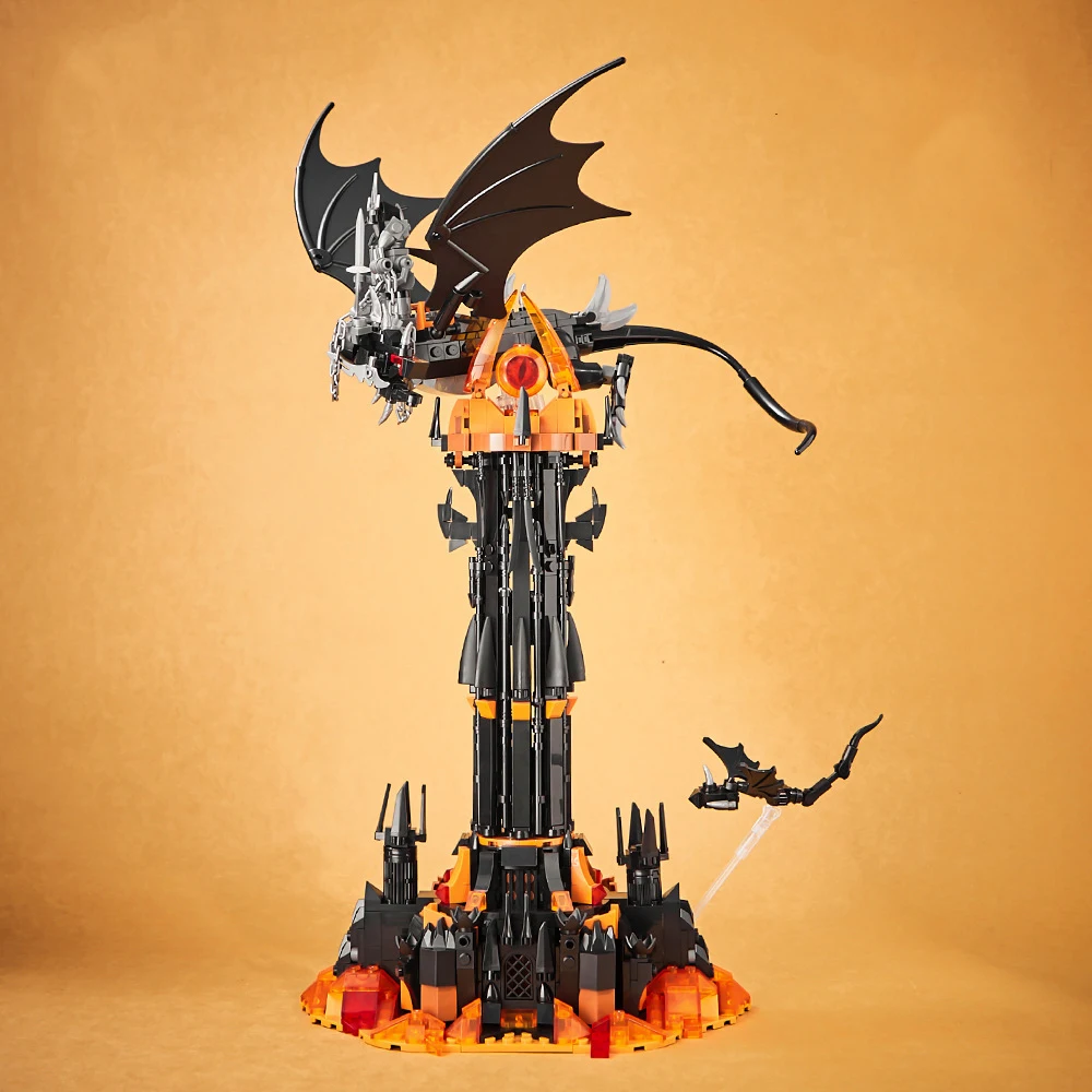 Bloco de construção de arquitetura de filme criativo, torre escura, conjuntos de modelos de tijolos, coleção de brinquedos de construção com luz para presentes