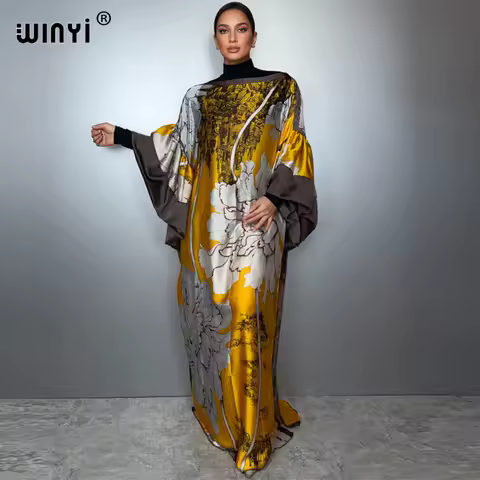 WINYI summer puff(ed) sleeves evening dress abaya dubai luxury Female loose Print kaftan muslim woman clothing long party dress