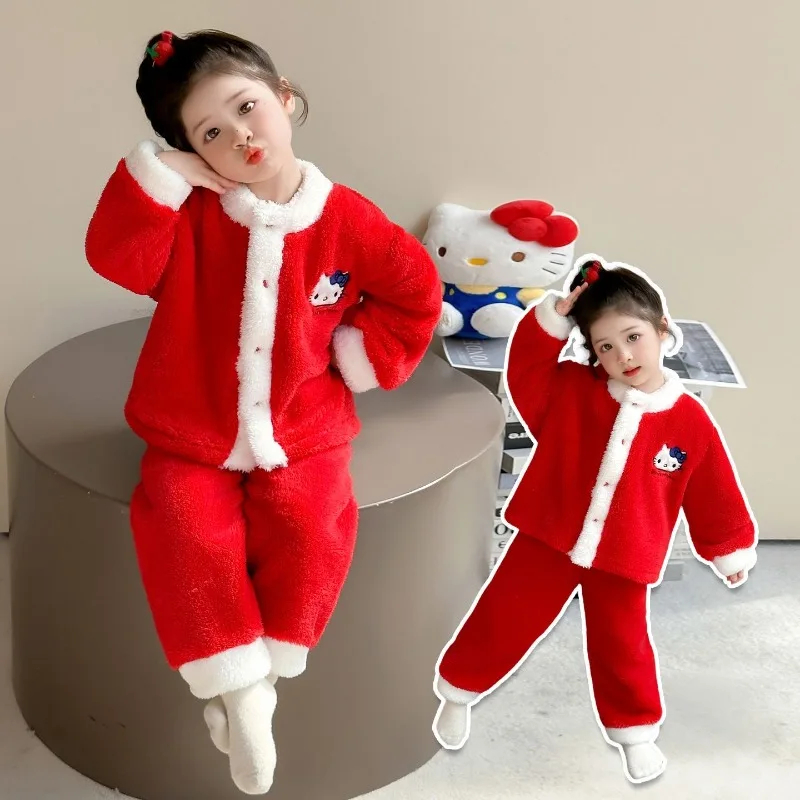 

Girly Heart Kawaii Sanrio Ins Fashion Long Sleeve Baby Coat Pants Pajamas Cute Home Wear Thickened Coral Fleece Clothes Gifts