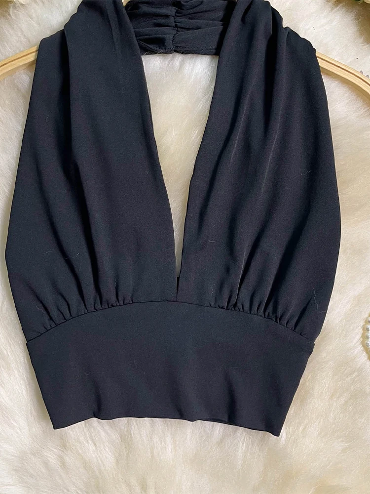 Top corto gótico negro para mujer, camisola Vintage con hombros descubiertos, corsé en V oscuro, Top Y2k, chaleco Sexy, camiseta sin mangas, ropa coqueta de los años 2000 para verano