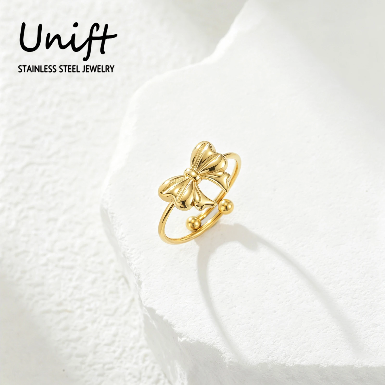 Unift – bagues ouvertes avec nœud papillon pour femmes, bague réglable en acier inoxydable, couleur or, bijoux, cadeaux d'anniversaire