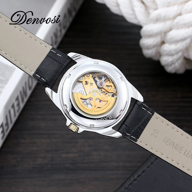 DENVOSI Top Brand Luxury Automatic Mechanical Watches Transparent Fashion Waterproof Male Skeleton Wrist Watch With Luminous