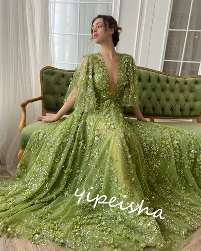 Imagen 2 del producto Personalizado de alta calidad brillo exquisito tul rebordear apliques vestido de fiesta de celebridades con cuello en V vestido de ocasión a medida vestidos largos