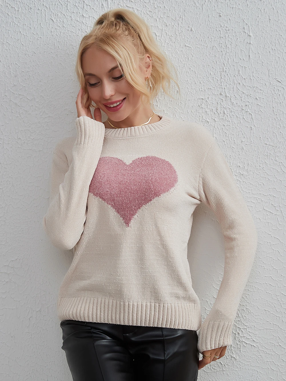 Wixra Women Autumn Winter Sweater O-Neck Heart Print Knitted Basic Pullover Sweater Female Casual Knitwear Top