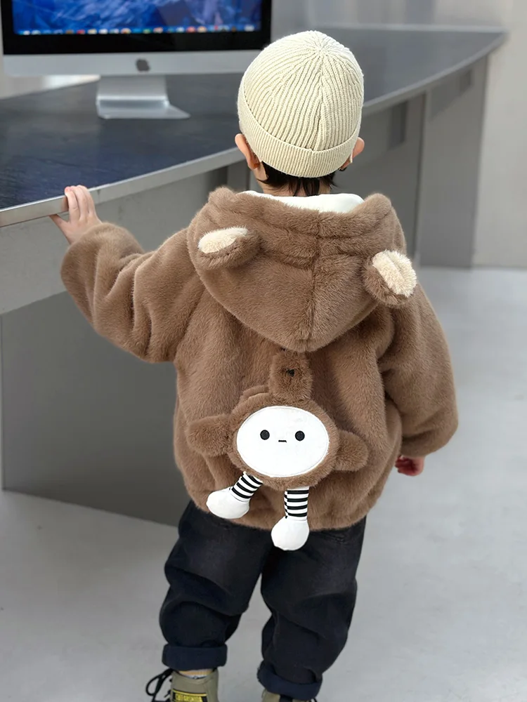 

Утепленный детский вязаный свитер-пальто с капюшоном и мехом Egg Sonny, осенне-зимняя модная верхняя одежда для мальчиков