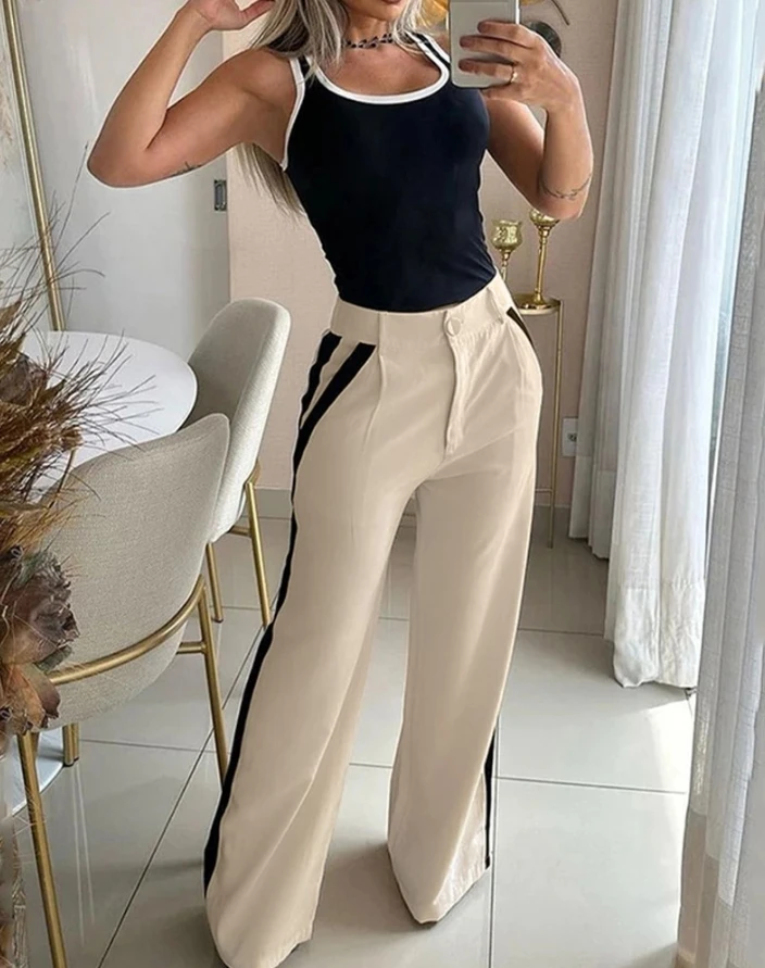 Sexy Womens Two Piece Sets Outfit 2024 Contrast Binding Sleeveless Tank Top & Pocket Zipper Fly High Waist Striped Pants Set