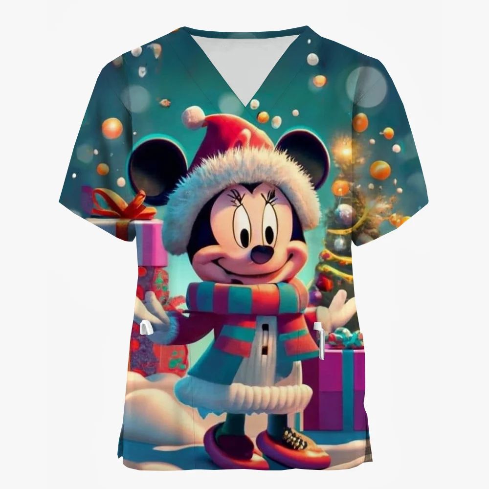 Kobiety Pielęgniarka Uniform T-Shirt Casual Disney Myszka Miki Minnie Wesołych Świąt Nadruk Krótki rękaw Wzorzysta bluzka robocza