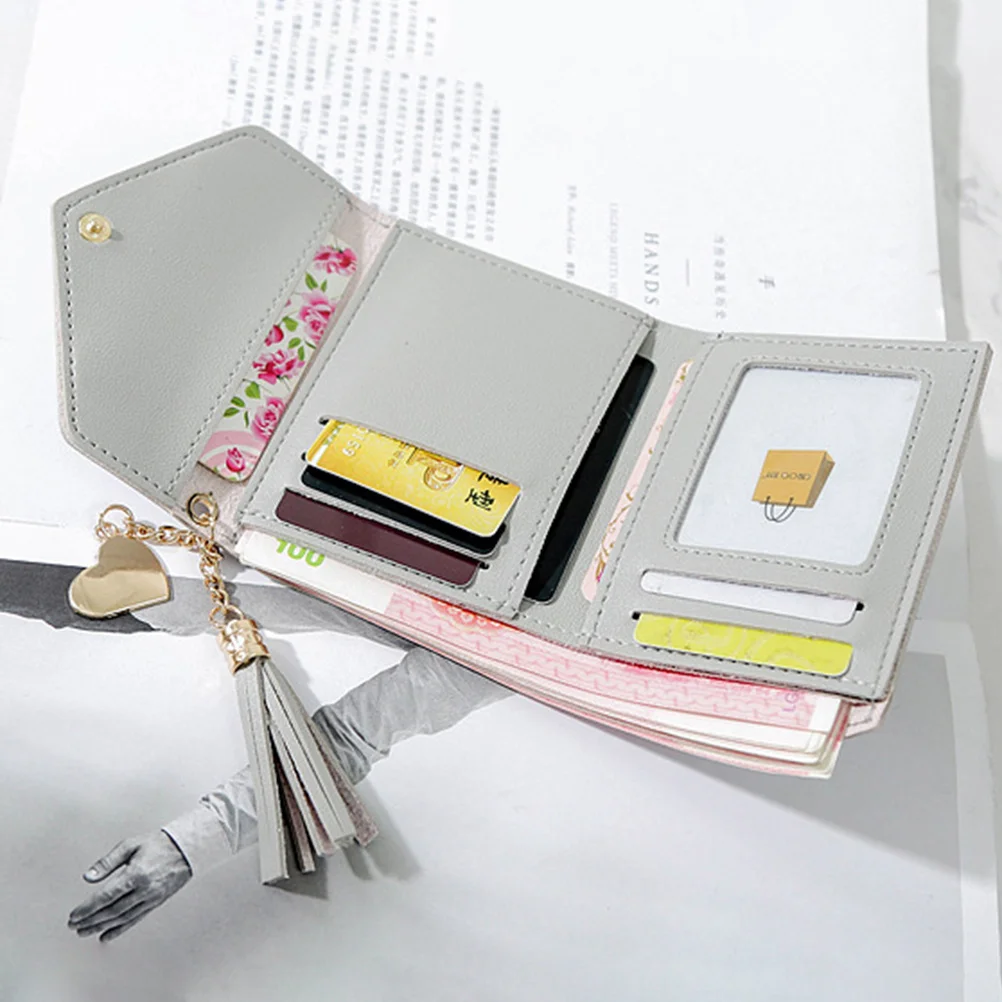 

Tassel Coin Purse Small Solid Color Grey PU Pocket Wallet Portable for Women Organize Coins Cash Cards