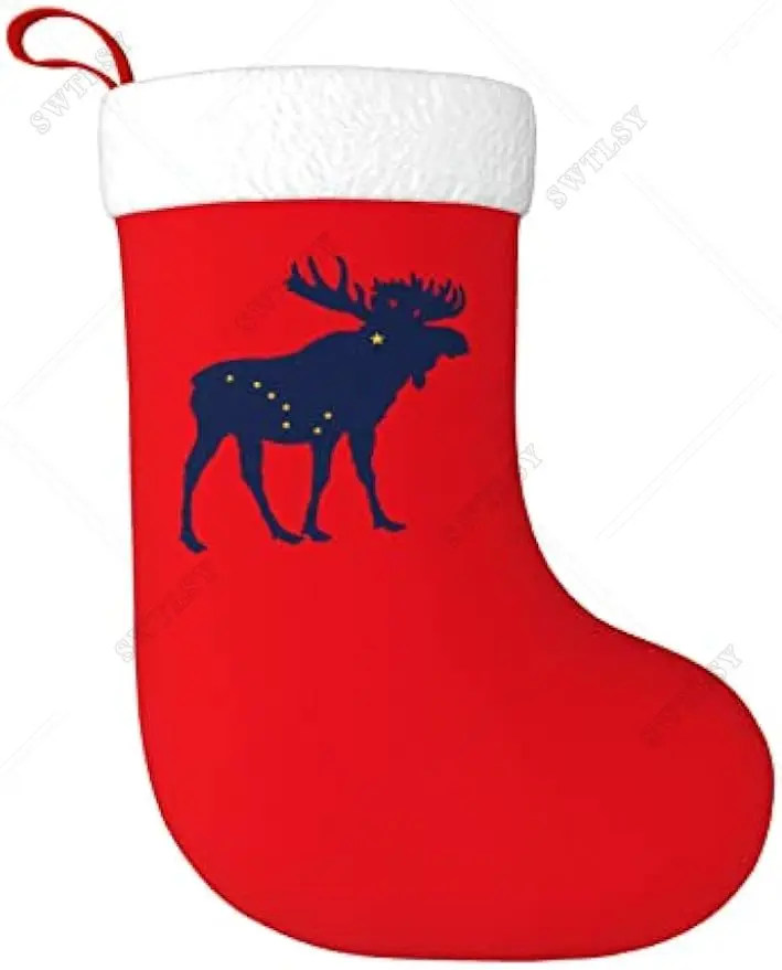 Christmas Stockings with White Super Soft Plush Cuff Alaska State Moose Flag Xmas Stockings Christmas Decorations Stocking