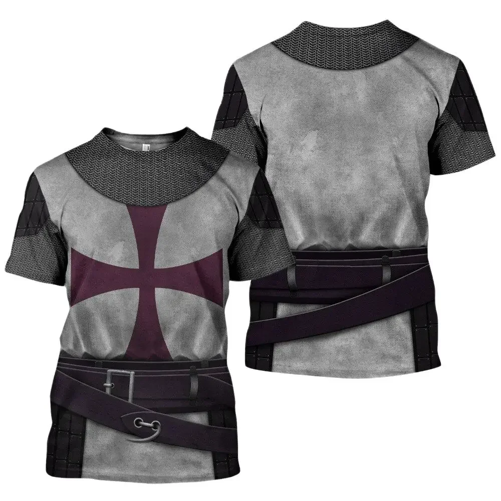 European Medieval Knight Style Summer Print Fashion New Men\'s Street Culture Casual Slim Retro 0 Collar Short Sleeve T-shirt Top