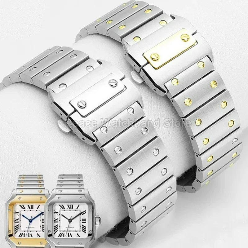 Flat Special Interface Replacement Stainless Steel Watch Strap Double Push Butterfly Fold Clasp for Cartier Santos 100 WSSA0009