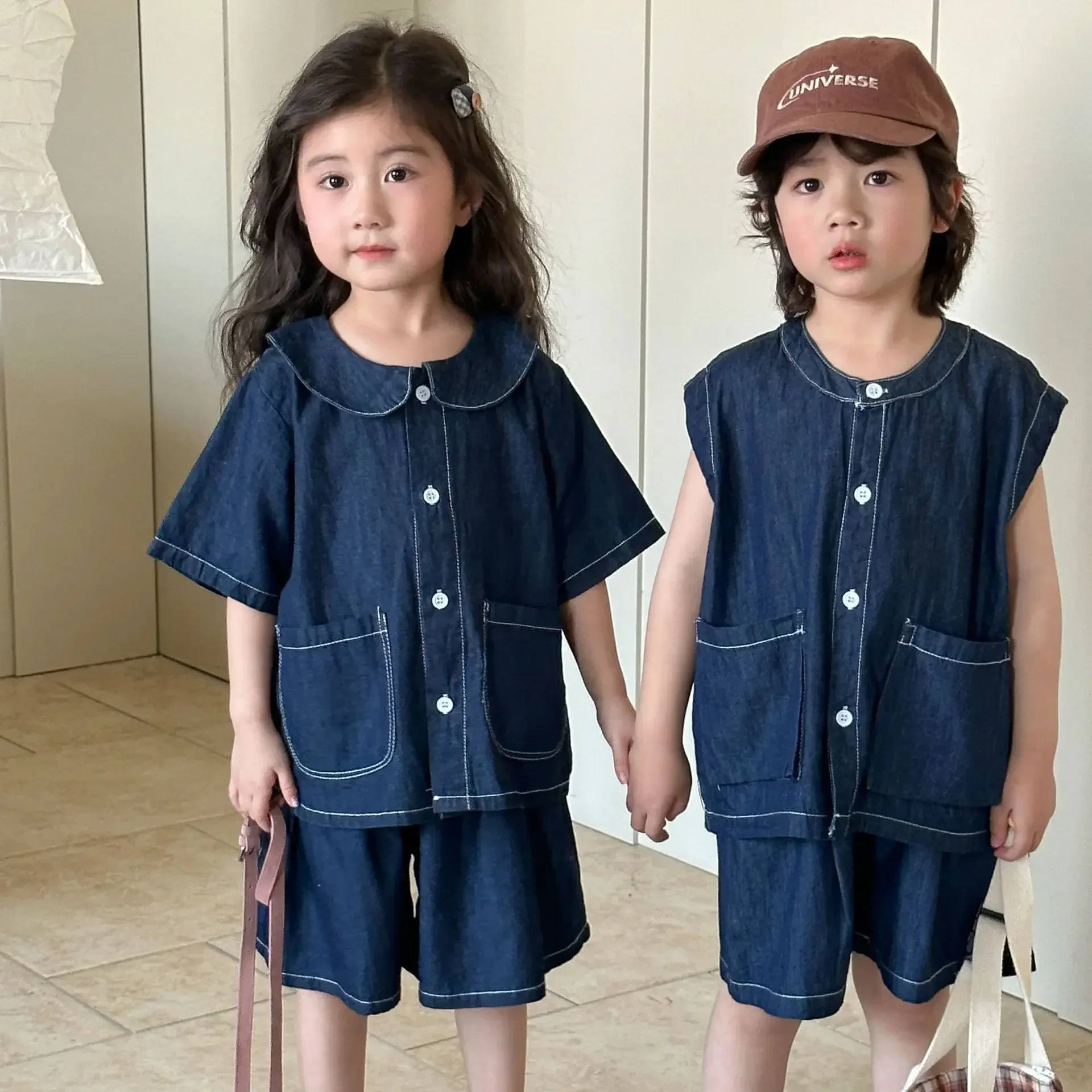 

Brother And Sister Clothes Set 2025 Summer Kid's Denim Suit Boy Vest +shorts Or Optional Girls Casual 2pcs Suit
