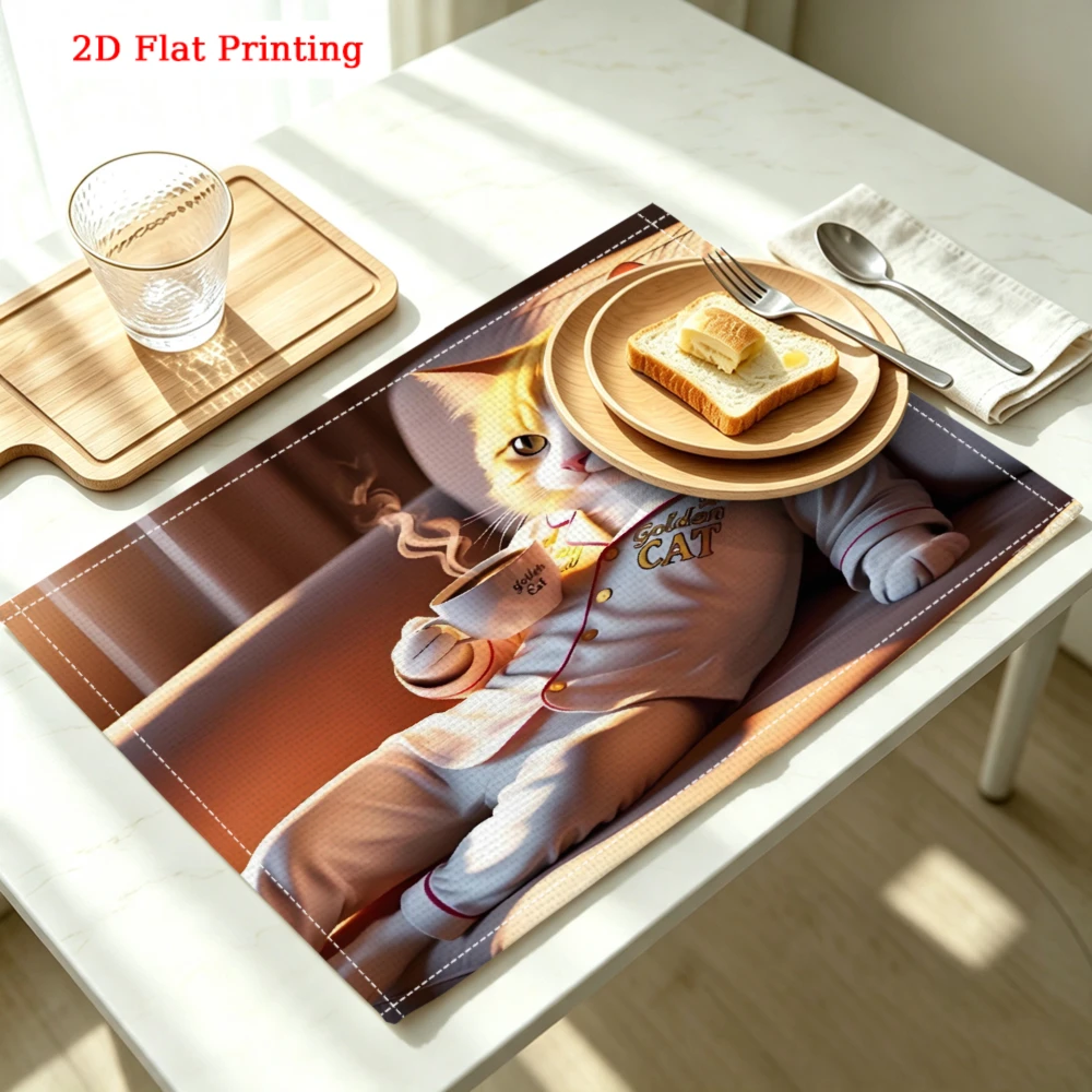 2Pcs Brown Cartoon Cat Wearing Pajamas Holding Coffee Cup Placemat Kitchen Dining Home Decor 30X40Cm