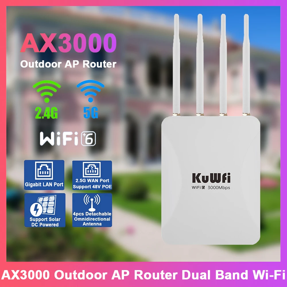 KuWFi AX3000 جهاز توجيه AP خارجي 2.4 جيجا هرتز 5 جيجا هرتز WiFi6 تغطية الإشارة 2.5 جيجا وان منفذ جيجابت إيثرنت يدعم 48 فولت POE يعمل بالطاقة الشمسية تيار مستمر