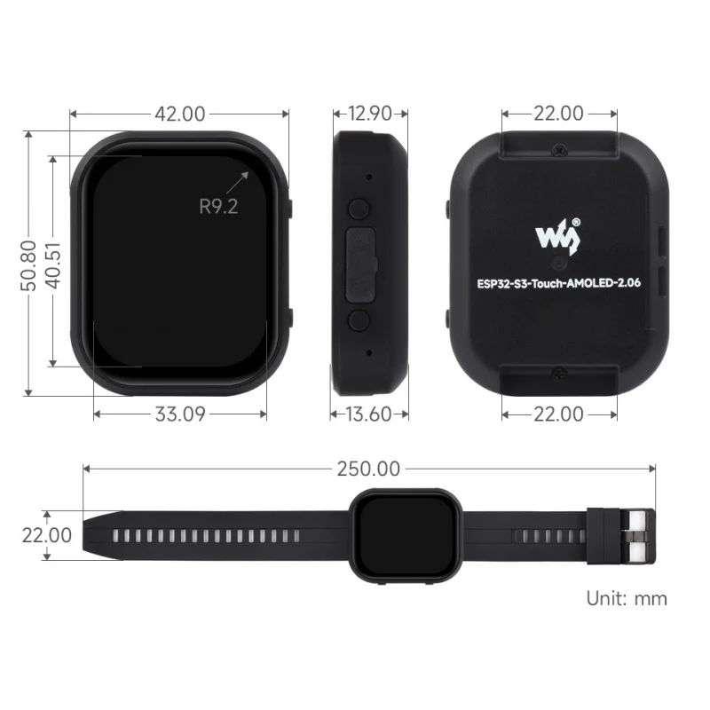 

SKU-31957 Waveshare ESP32-S3 2.06inch AMOLED Touch Watch Development Board, 32-bit LX7 Dual-core Processor, 410×502 Pixels, QSPI