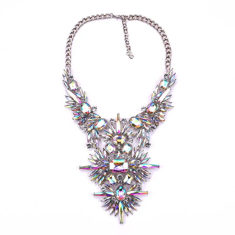 Luxury Jewellery Wholesale Bohemian Vintage Sexy Rainbow Colorful Crystal Rhinestone Chunky Bib Big Statement Necklace for Women