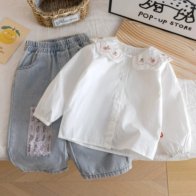 

New 2026 Spring Shirt for Girls, Cute and Casual Flip Collar Embroidered Shirt for Middle and Small Children, Stylish Cardigan