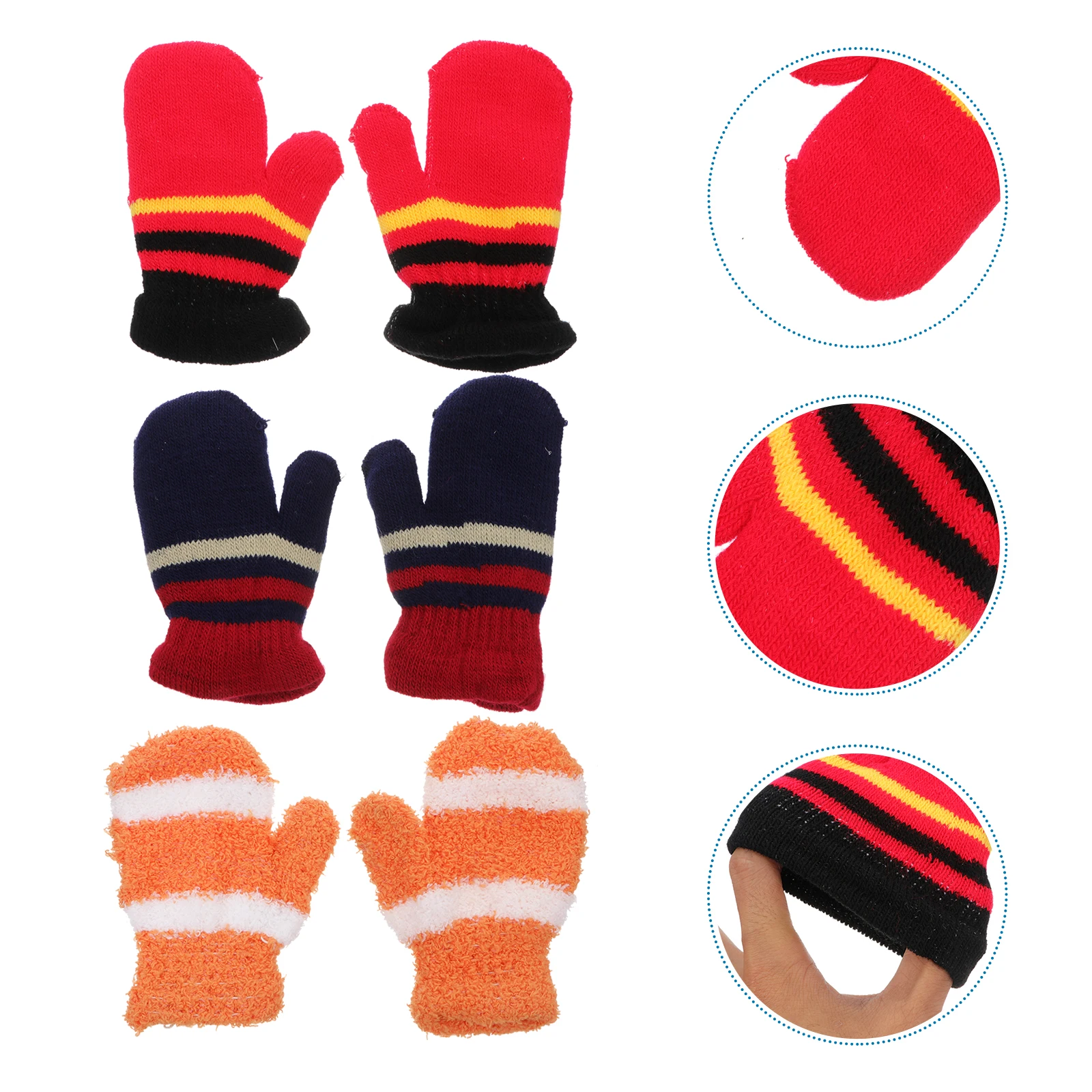 

3 Pairs Full Finger Knitting Gloves Winter Warm Toddler Baby Kids Children Spliced Color Double Layer Thicken Material Portable