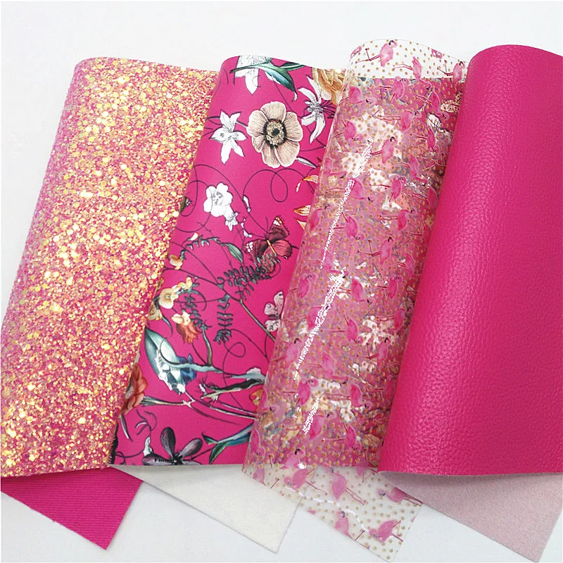 Rose Chunky Glitter Leather Flowers Printed Synthetic Leather Flamingo See Through Vinyl Leather Sheets For Bow DIY 21x29CM Q939