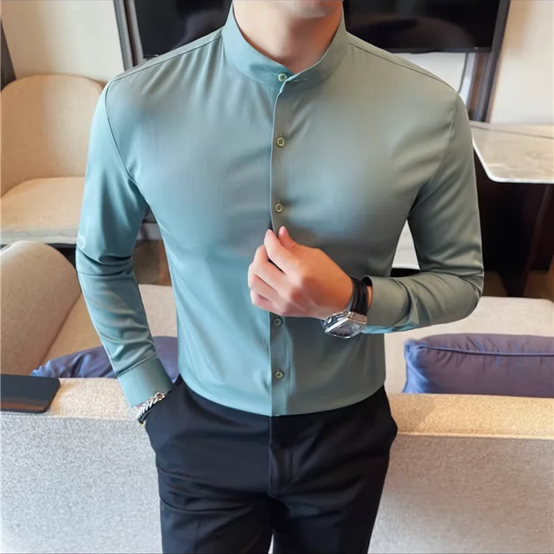 

Seamless Stand-up Collar Shirt Men's Luxury Solid Color Long Sleeve Slim Fit Elastic Casual Social Party Shirts Tuxedo 4XL-M