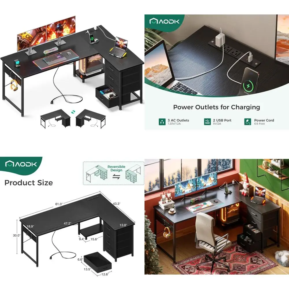 

L-Shaped Gaming Desk with 4 Drawers, 61 Reversible Home Office Desk with Power Outlets and USB Charging
