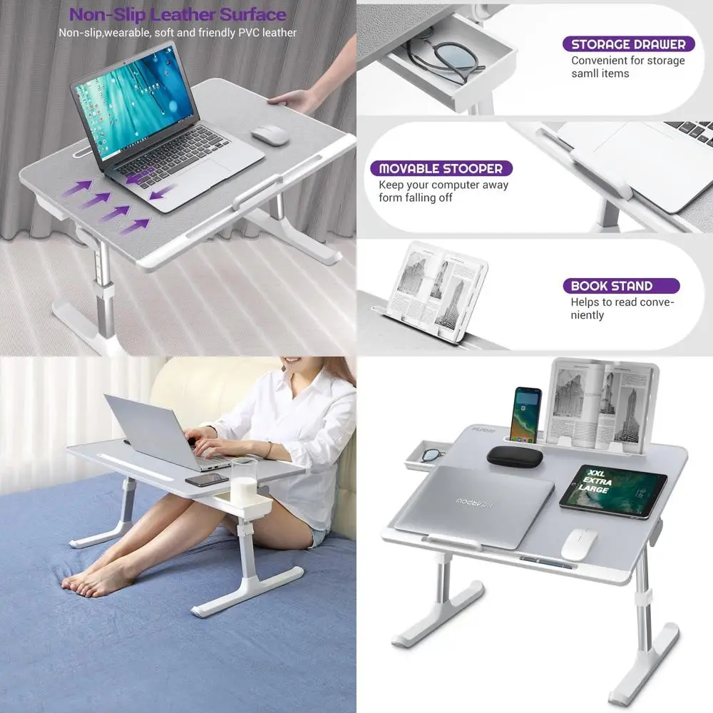 

Adjustable Laptop Desk with Anti-Slip Leather, Removable Stopper, Book Stand, and Drawer - Gray