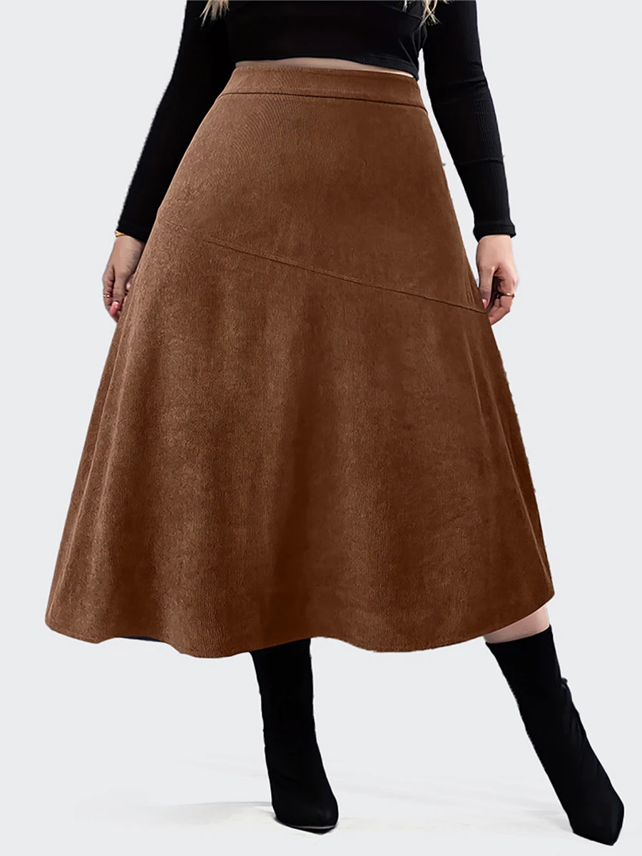 Women s Corduroy Midi Skirt Solid Color High Waist Fall Plus Size Skirt Swing A Line Skirt